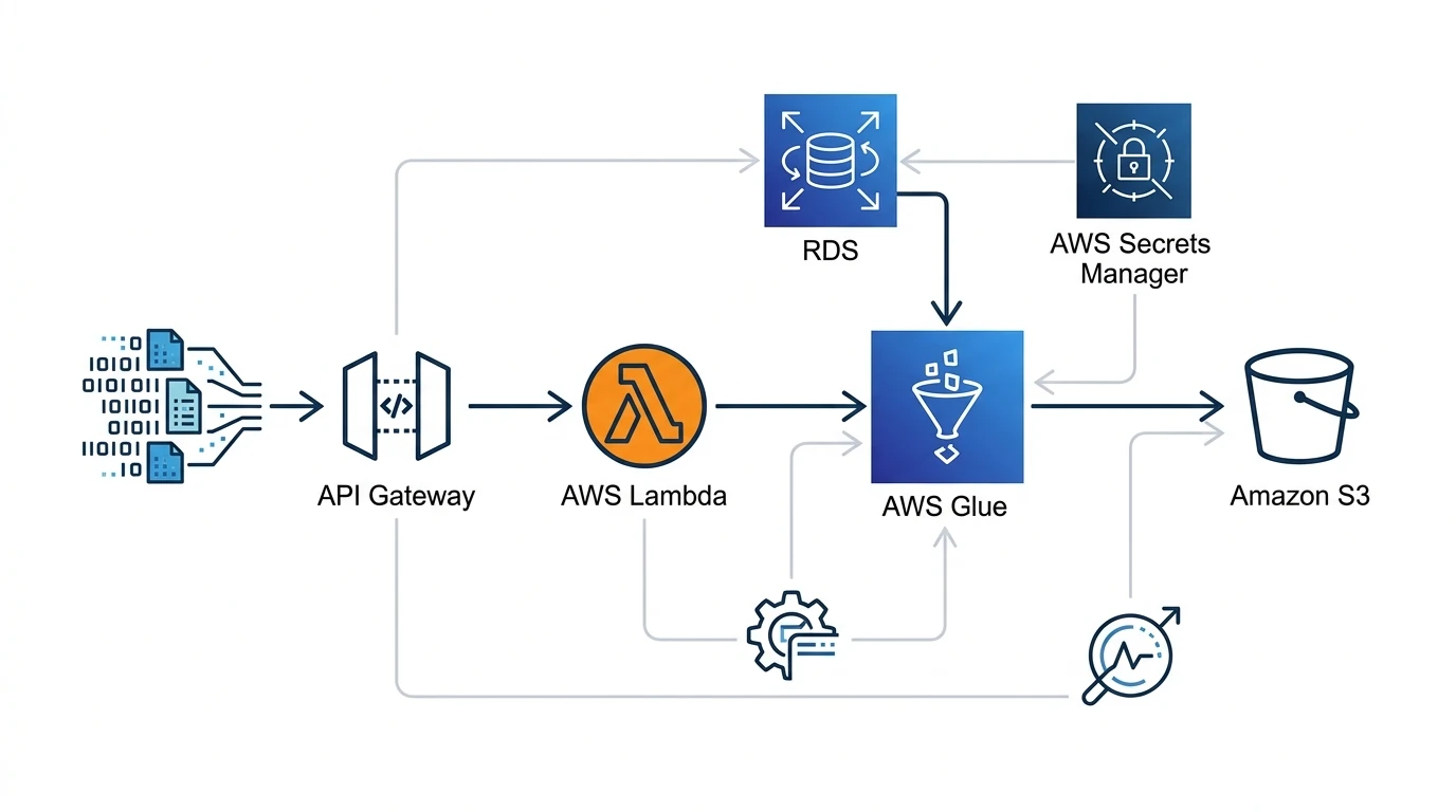 Serverless AWS Glue ETL architecture for the client's Revenue API